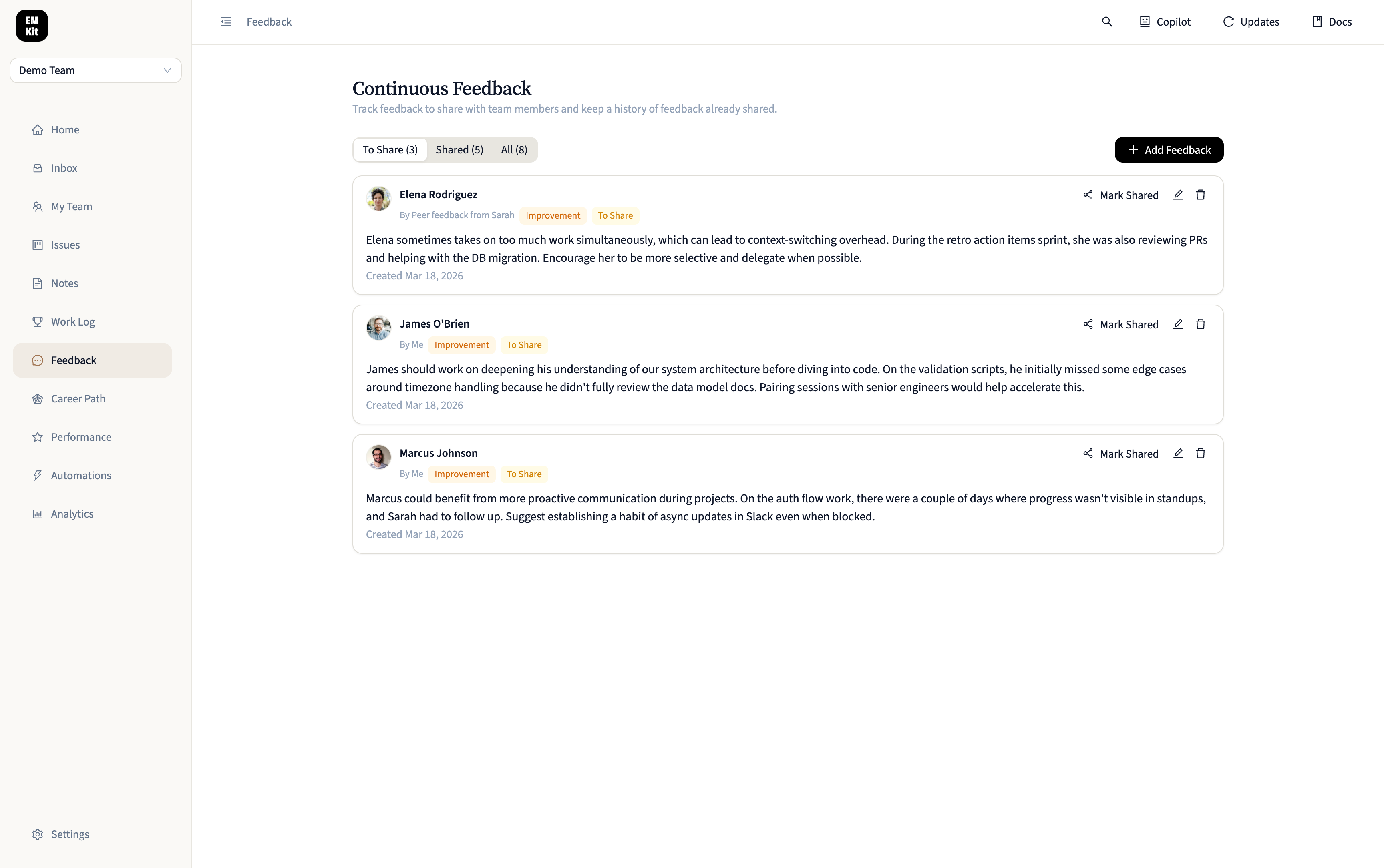 Feedbacks List Page